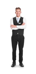Photo of Smiling receptionist in uniform with crossed arms on white background