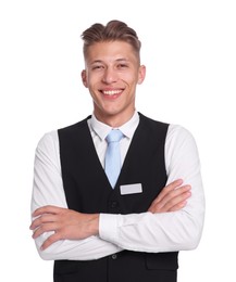 Photo of Smiling receptionist in uniform with crossed arms on white background