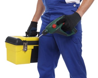 Photo of Professional repairman with tool box and electric screwdriver on white background, closeup