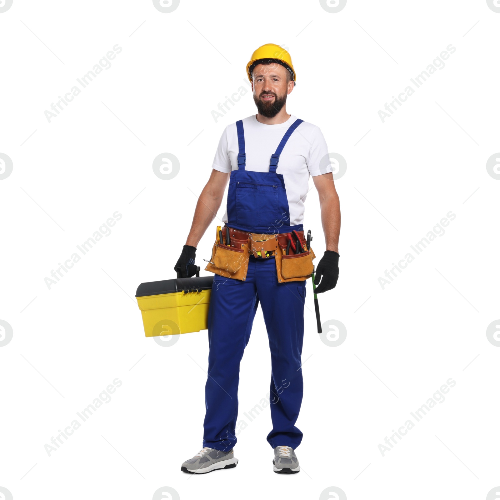 Professional repairman with tool box on white background Photo of Professional repairman with tool box on white background