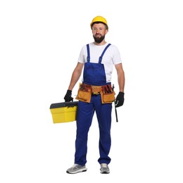 Photo of Professional repairman with tool box on white background