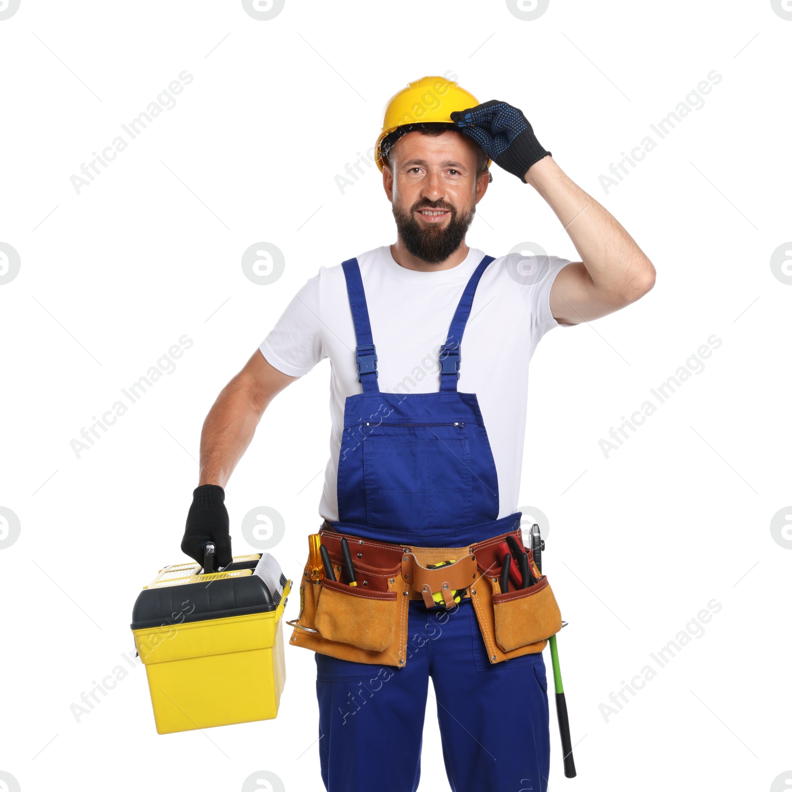 Professional repairman with tool box on white background Photo of Professional repairman with tool box on white background