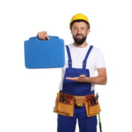 Photo of Professional repairman with tool box on white background