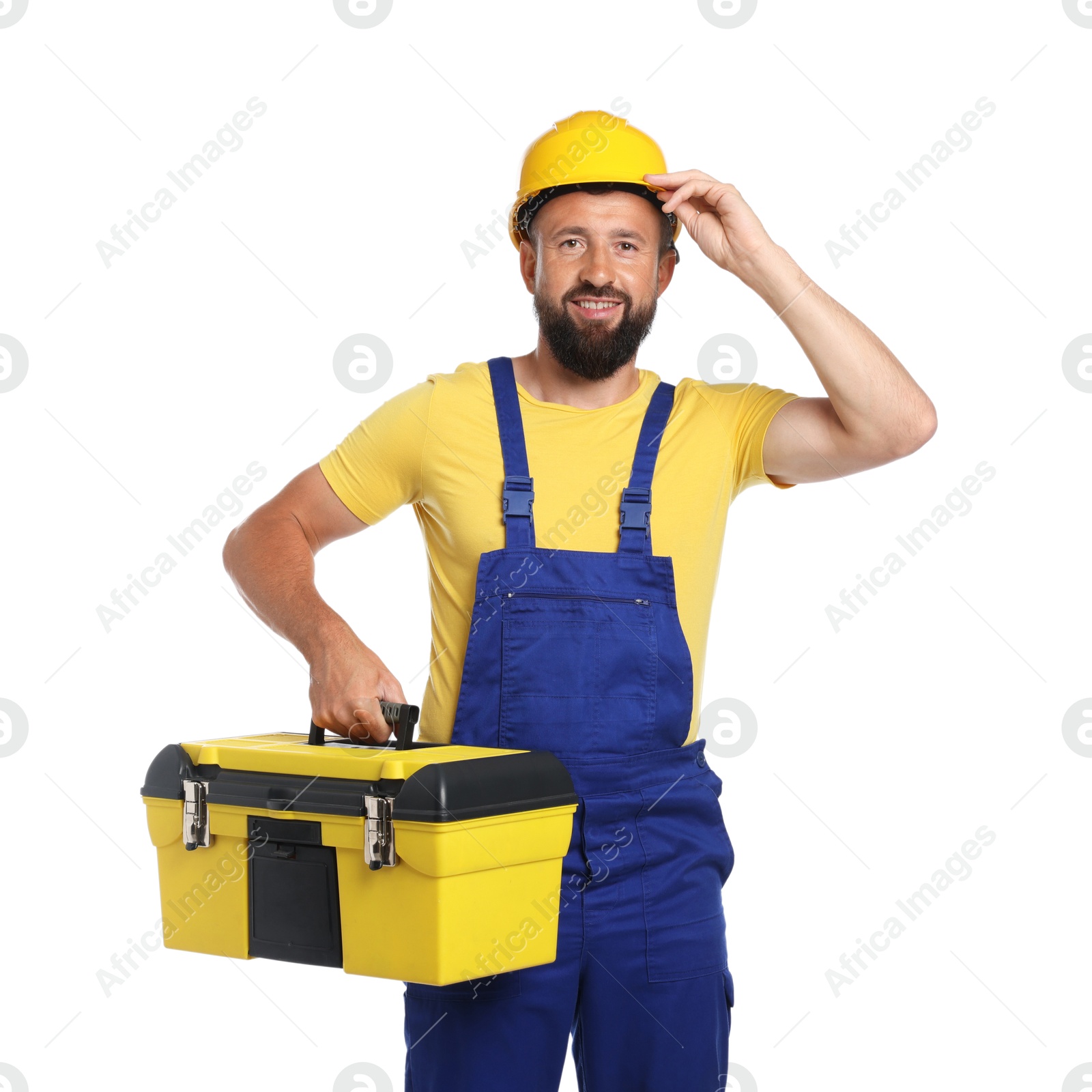 Professional repairman with tool box on white background Photo of Professional repairman with tool box on white background