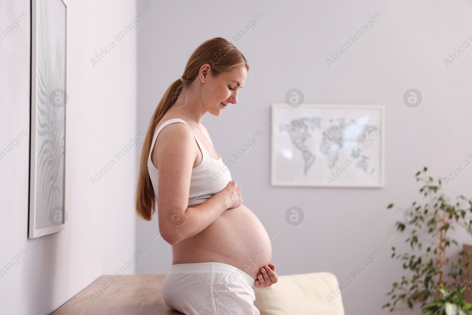 Beautiful pregnant woman touching her belly at home. Space for text Photo of Beautiful pregnant woman touching her belly at home. Space for text