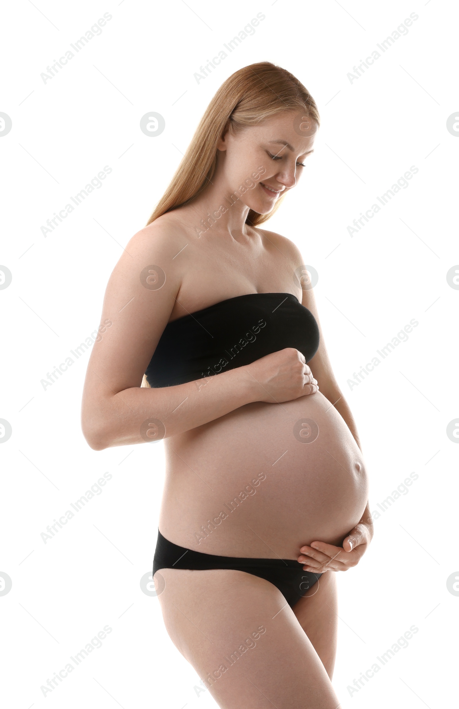 Portrait of beautiful pregnant woman on white background Photo of Portrait of beautiful pregnant woman on white background