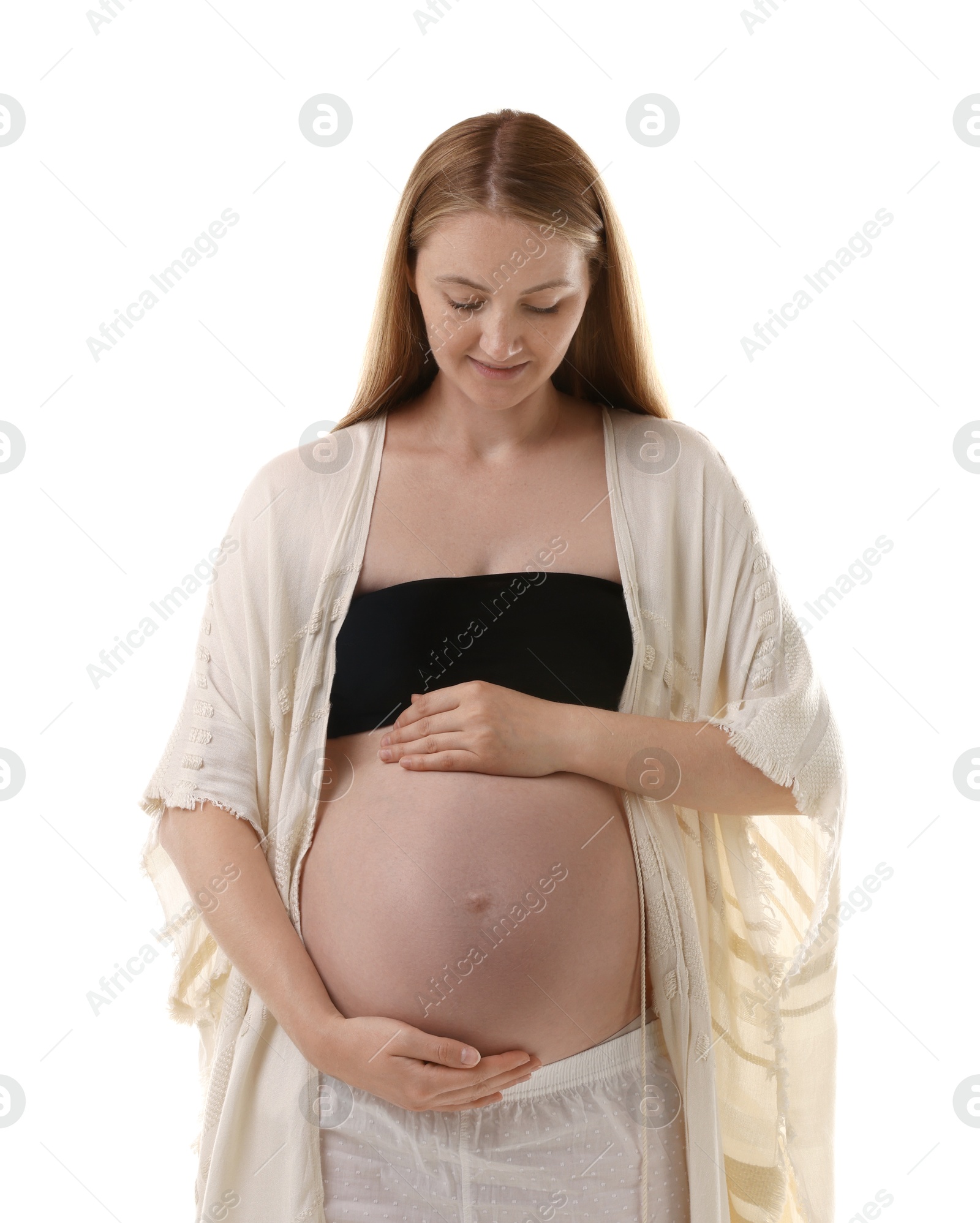 Portrait of beautiful pregnant woman on white background Photo of Portrait of beautiful pregnant woman on white background