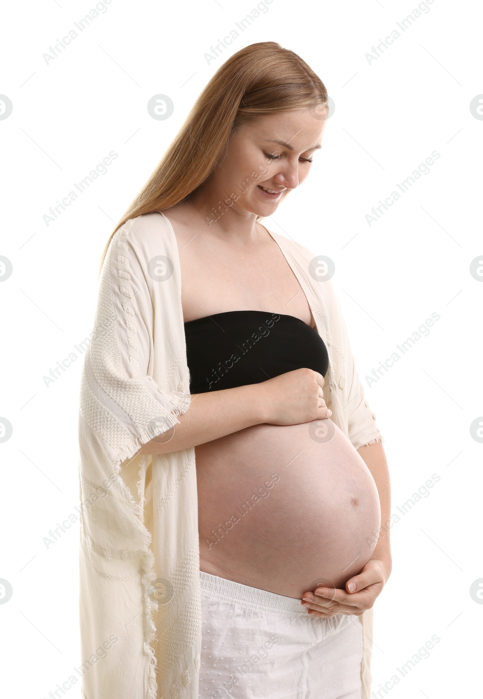 Photo of Portrait of beautiful pregnant woman on white background