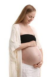 Photo of Portrait of beautiful pregnant woman on white background