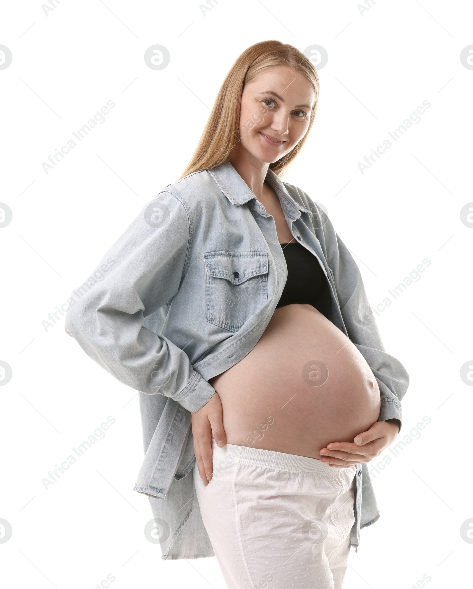 Portrait of beautiful pregnant woman on white background Photo of Portrait of beautiful pregnant woman on white background