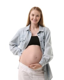 Photo of Portrait of beautiful pregnant woman on white background