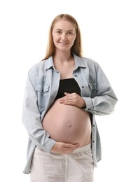Photo of Portrait of beautiful pregnant woman on white background