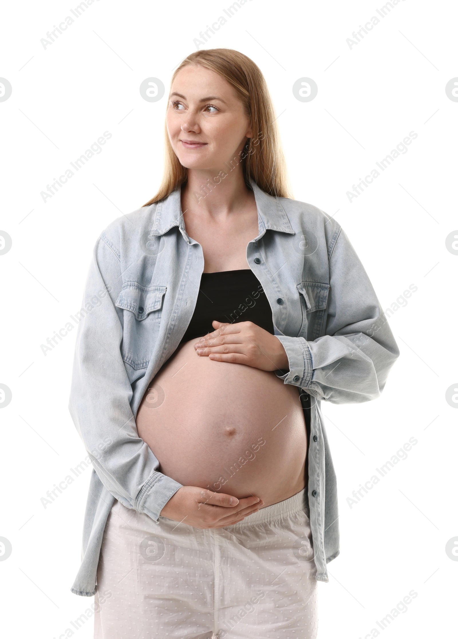Portrait of beautiful pregnant woman on white background Photo of Portrait of beautiful pregnant woman on white background