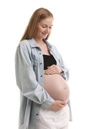 Photo of Portrait of beautiful pregnant woman on white background