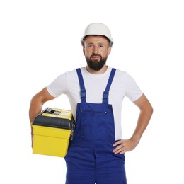 Photo of Professional repairman with tool box on white background