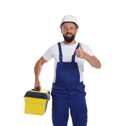 Photo of Professional repairman with tool box showing thumbs up on white background