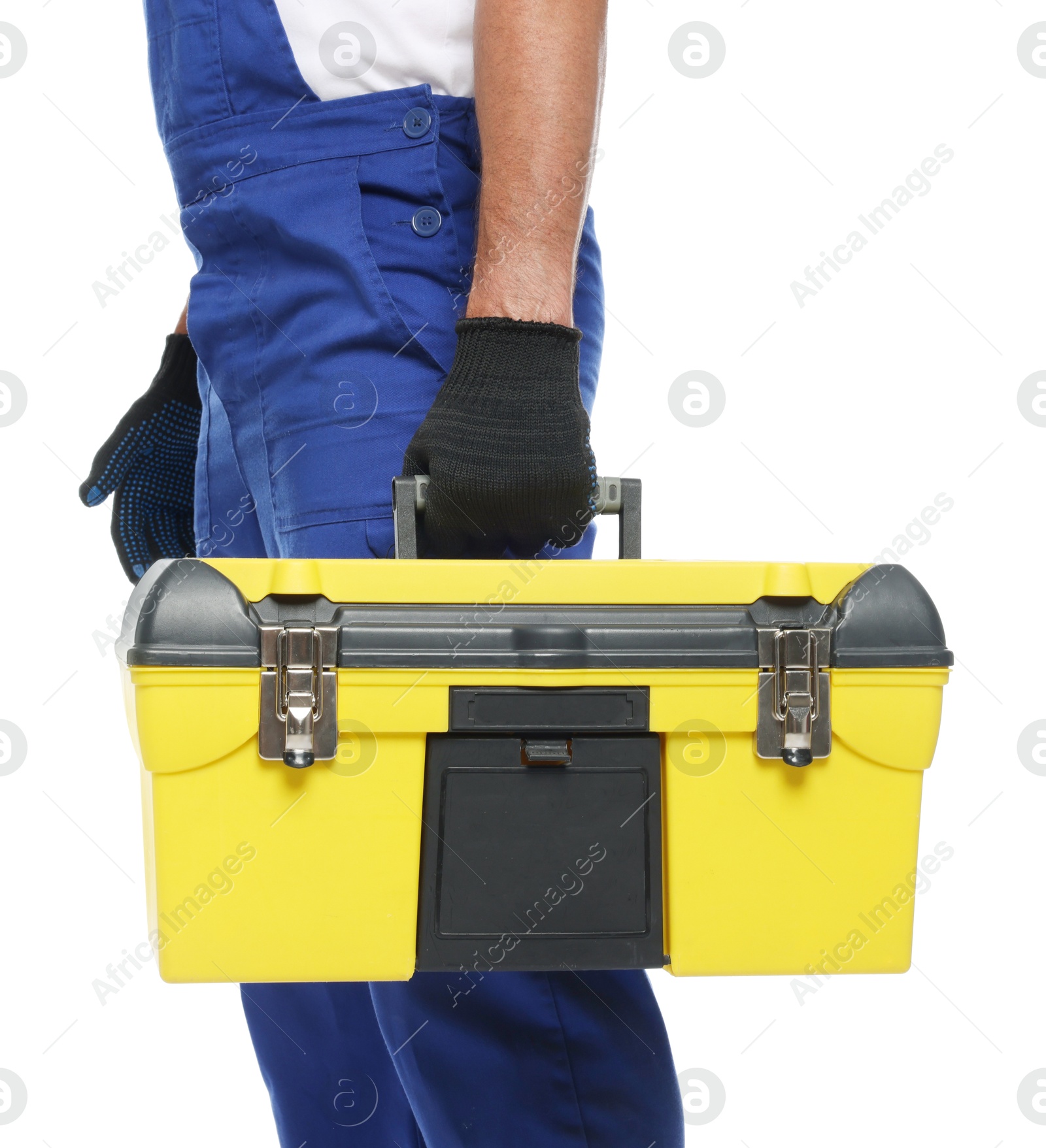Professional repairman with tool box on white background, closeup Photo of Professional repairman with tool box on white background, closeup