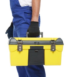 Photo of Professional repairman with tool box on white background, closeup