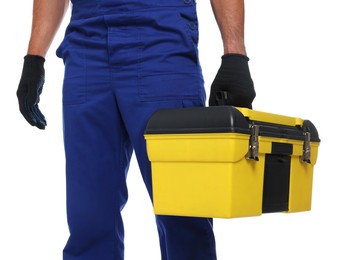 Photo of Professional repairman with tool box on white background, closeup