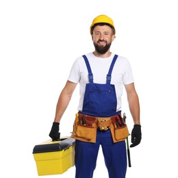 Photo of Professional repairman with tool box on white background