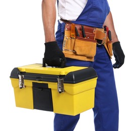 Photo of Professional repairman with tool box on white background, closeup