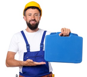 Photo of Professional repairman with tool box on white background