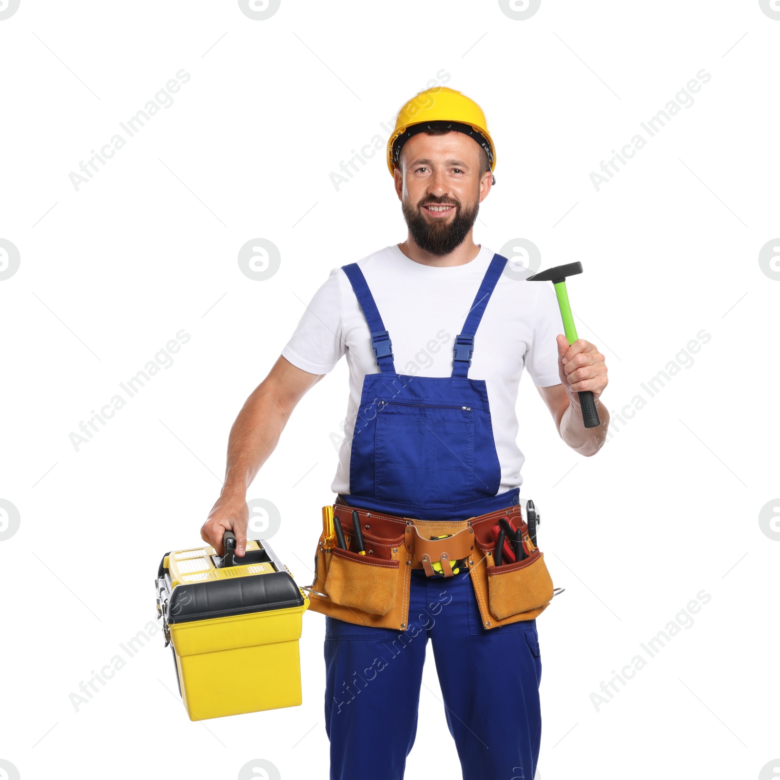 Professional repairman with tool box and hammer on white background Photo of Professional repairman with tool box and hammer on white background
