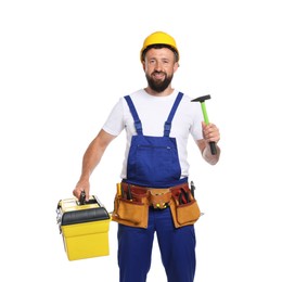 Photo of Professional repairman with tool box and hammer on white background