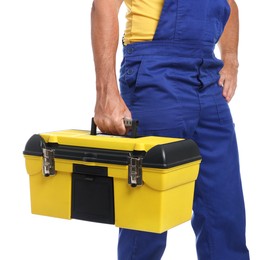Photo of Professional repairman with tool box on white background, closeup