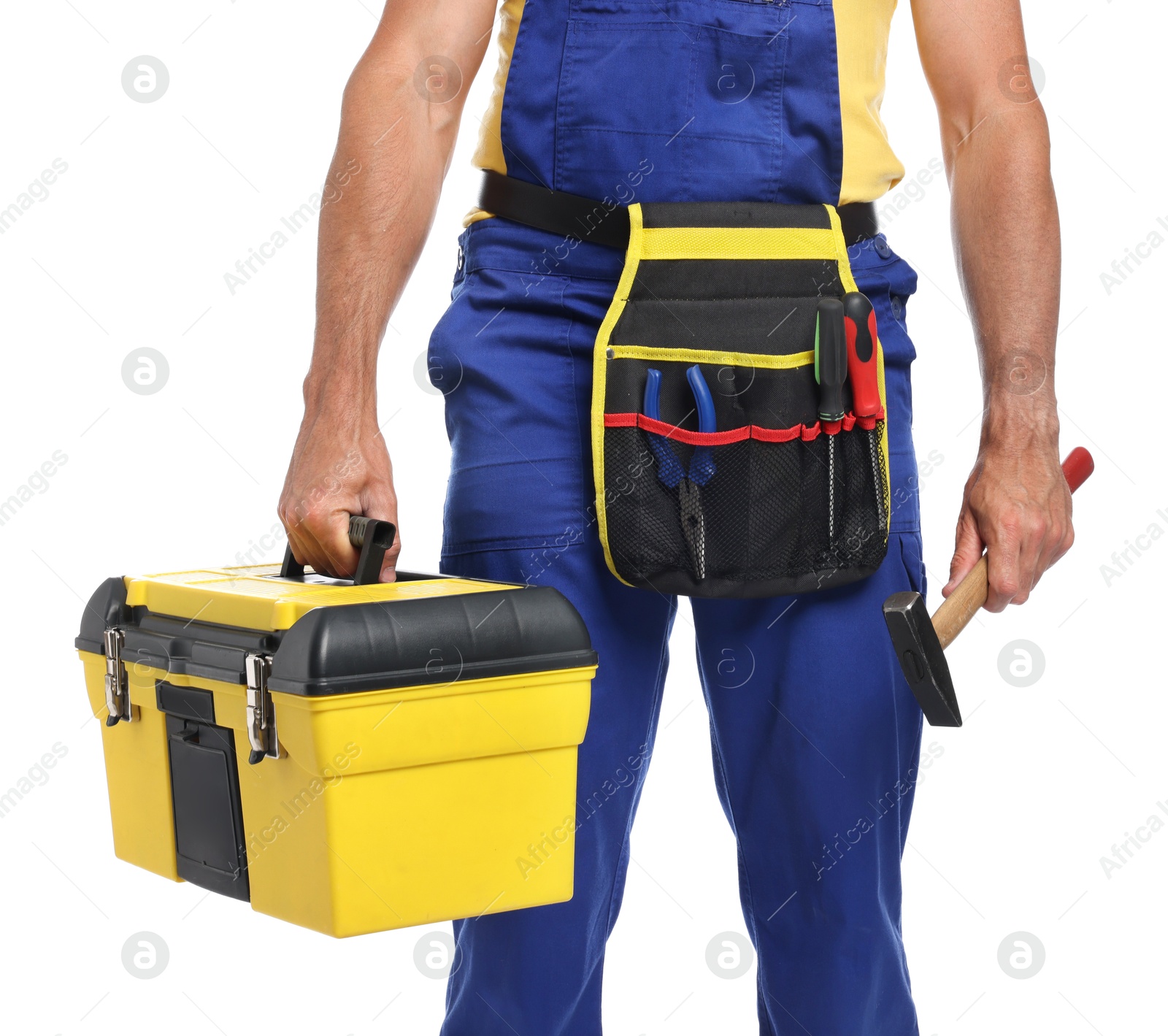 Professional repairman with tool box and hammer on white background, closeup Photo of Professional repairman with tool box and hammer on white background, closeup