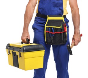 Photo of Professional repairman with tool box and hammer on white background, closeup