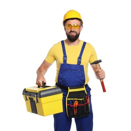 Photo of Professional repairman with tool box and hammer on white background