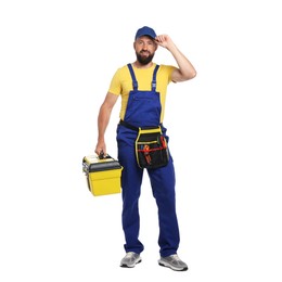 Photo of Professional repairman with tool box on white background