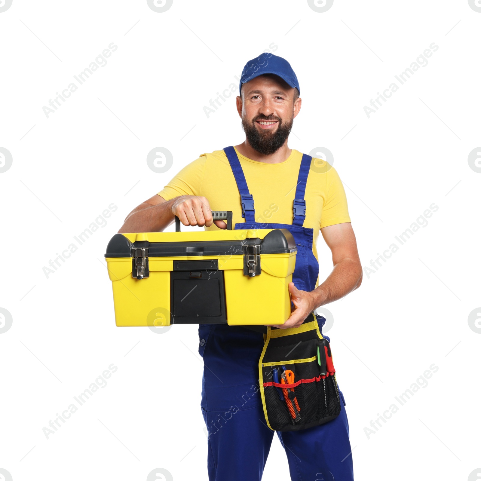 Professional repairman with tool box on white background Photo of Professional repairman with tool box on white background