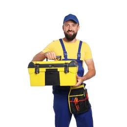 Photo of Professional repairman with tool box on white background