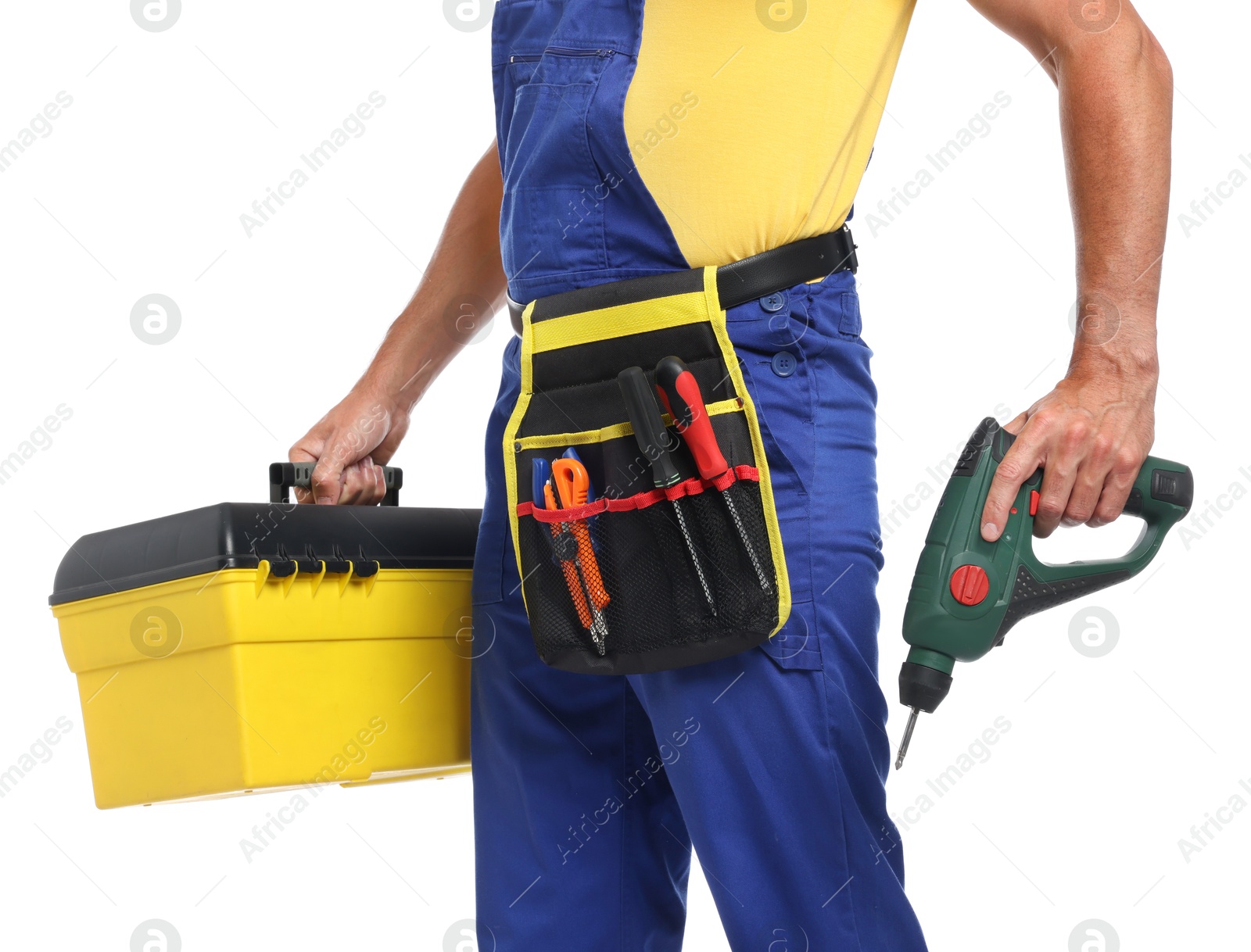 Professional repairman with tool box and electric screwdriver on white background, closeup Photo of Professional repairman with tool box and electric screwdriver on white background, closeup