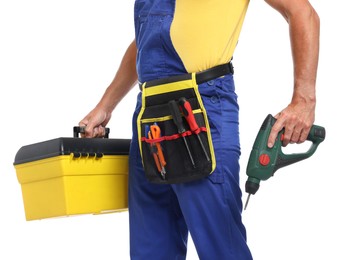 Photo of Professional repairman with tool box and electric screwdriver on white background, closeup