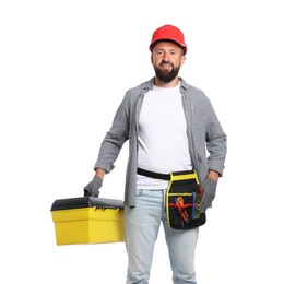 Photo of Professional repairman with tool box on white background