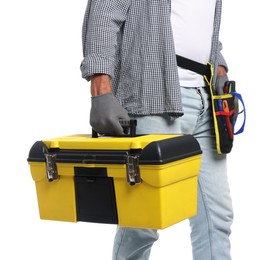 Photo of Professional repairman with tool box on white background, closeup