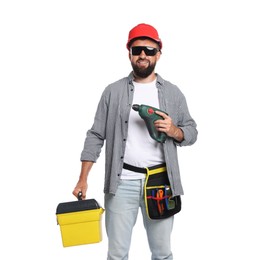 Photo of Professional repairman with tool box and electric screwdriver on white background