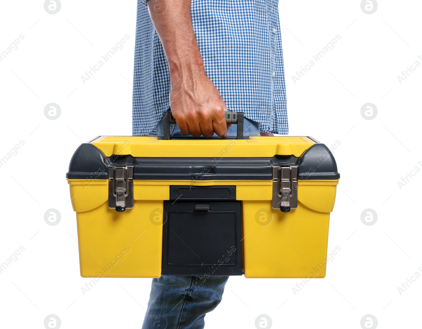 Professional repairman with tool box on white background, closeup Photo of Professional repairman with tool box on white background, closeup