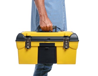 Photo of Professional repairman with tool box on white background, closeup