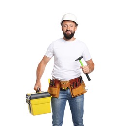 Photo of Professional repairman with tool box and hammer on white background