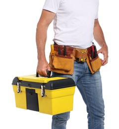 Photo of Professional repairman with tool box on white background, closeup