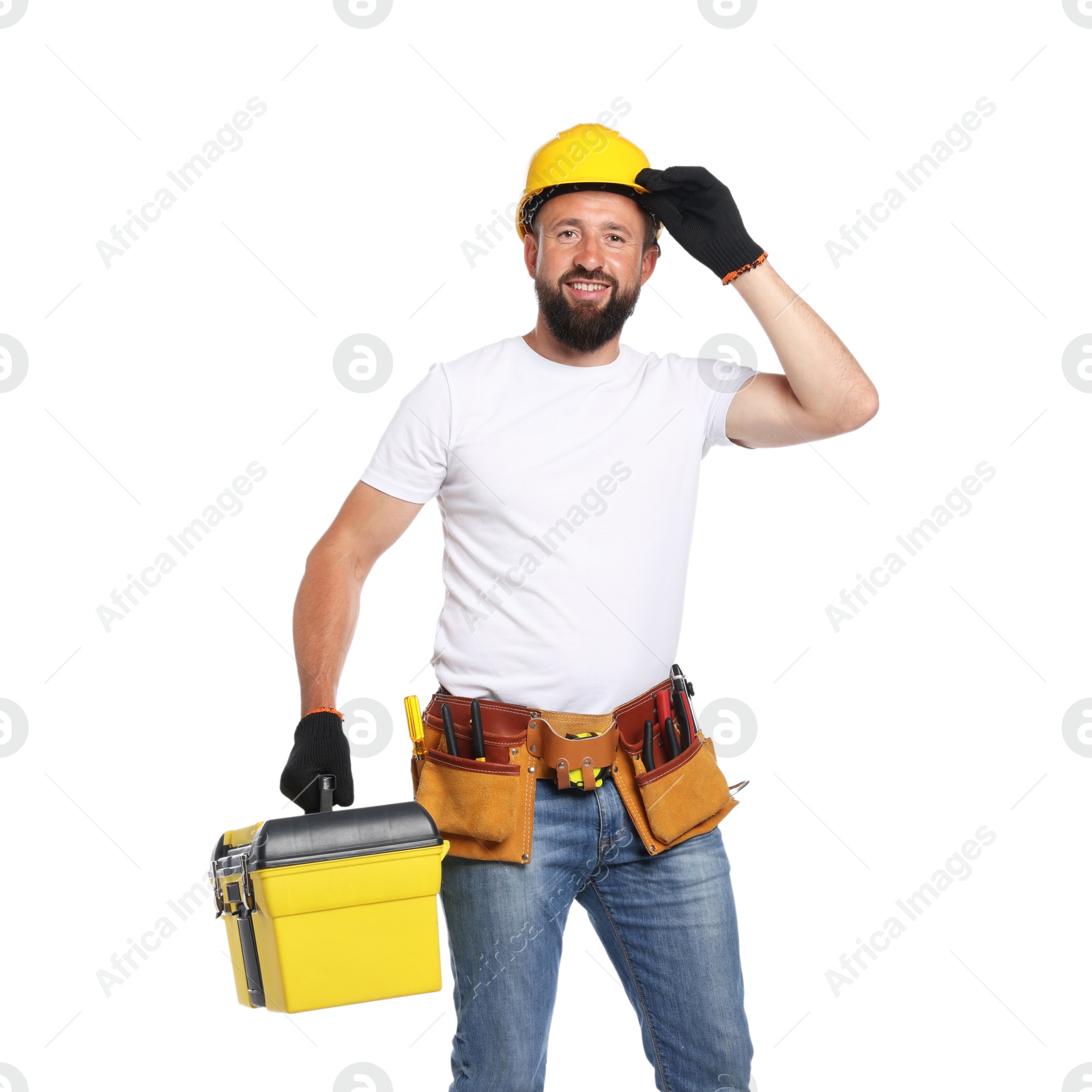Professional repairman with tool box on white background Photo of Professional repairman with tool box on white background