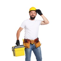 Photo of Professional repairman with tool box on white background