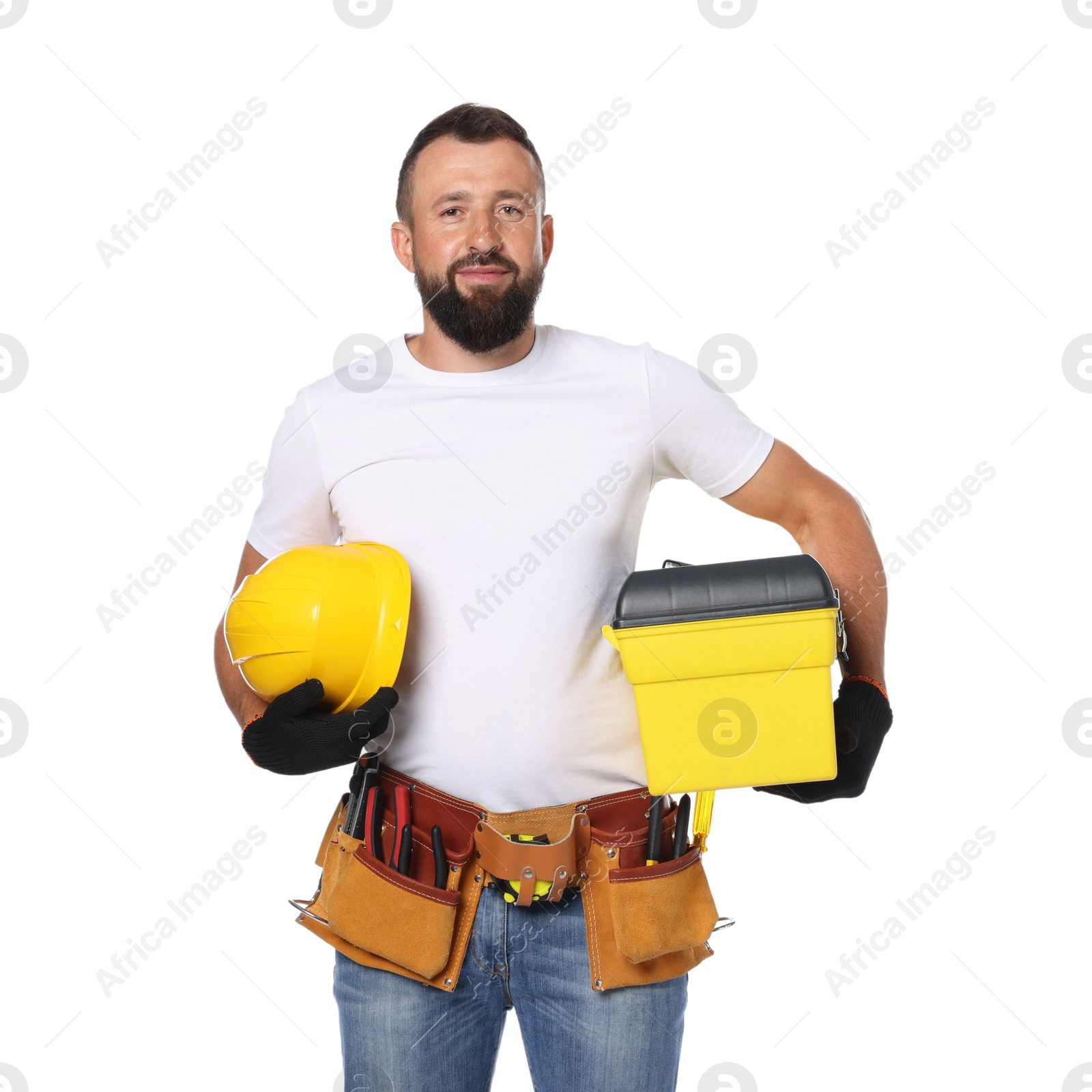 Professional repairman with tool box and hardhat on white background Photo of Professional repairman with tool box and hardhat on white background