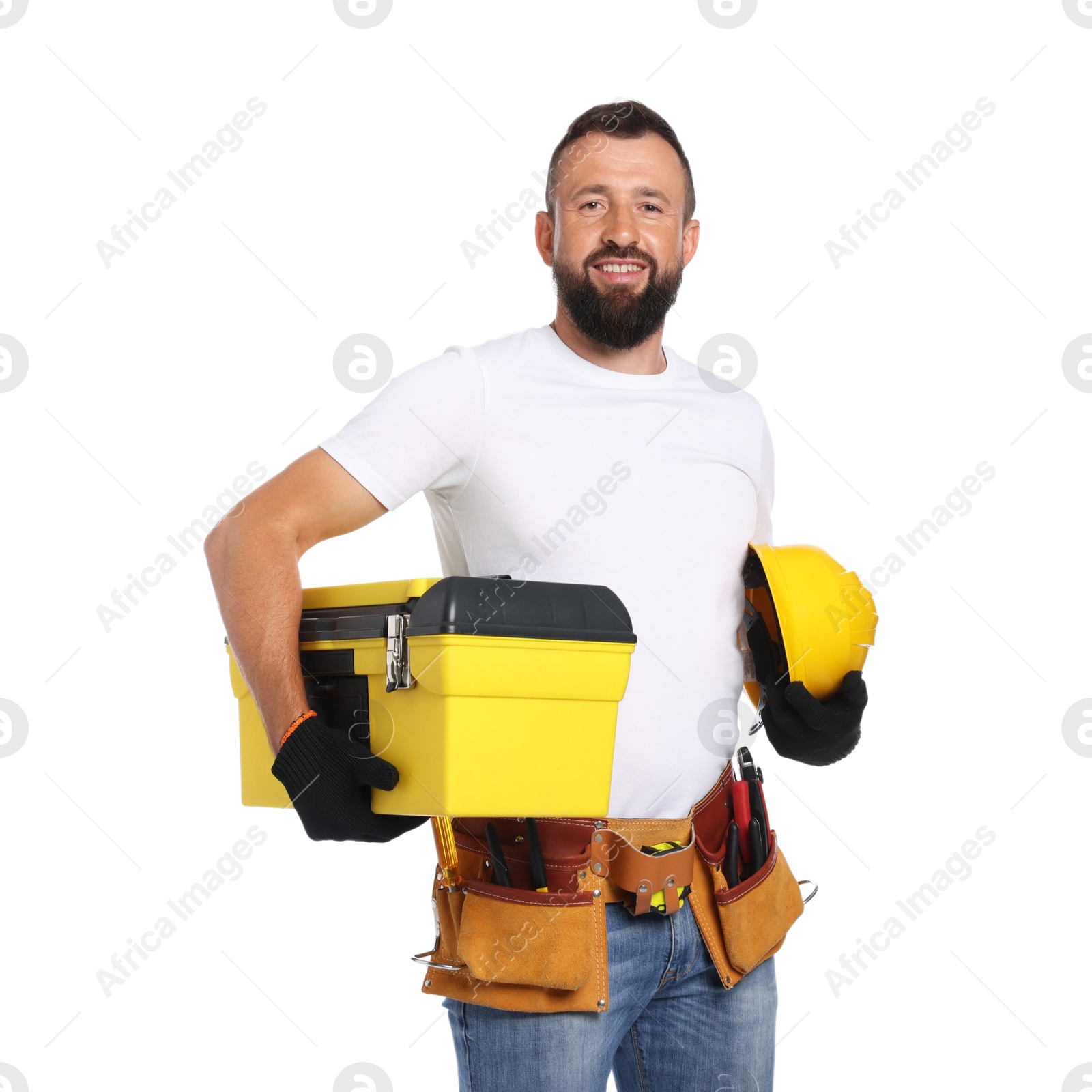 Professional repairman with tool box and hardhat on white background Photo of Professional repairman with tool box and hardhat on white background