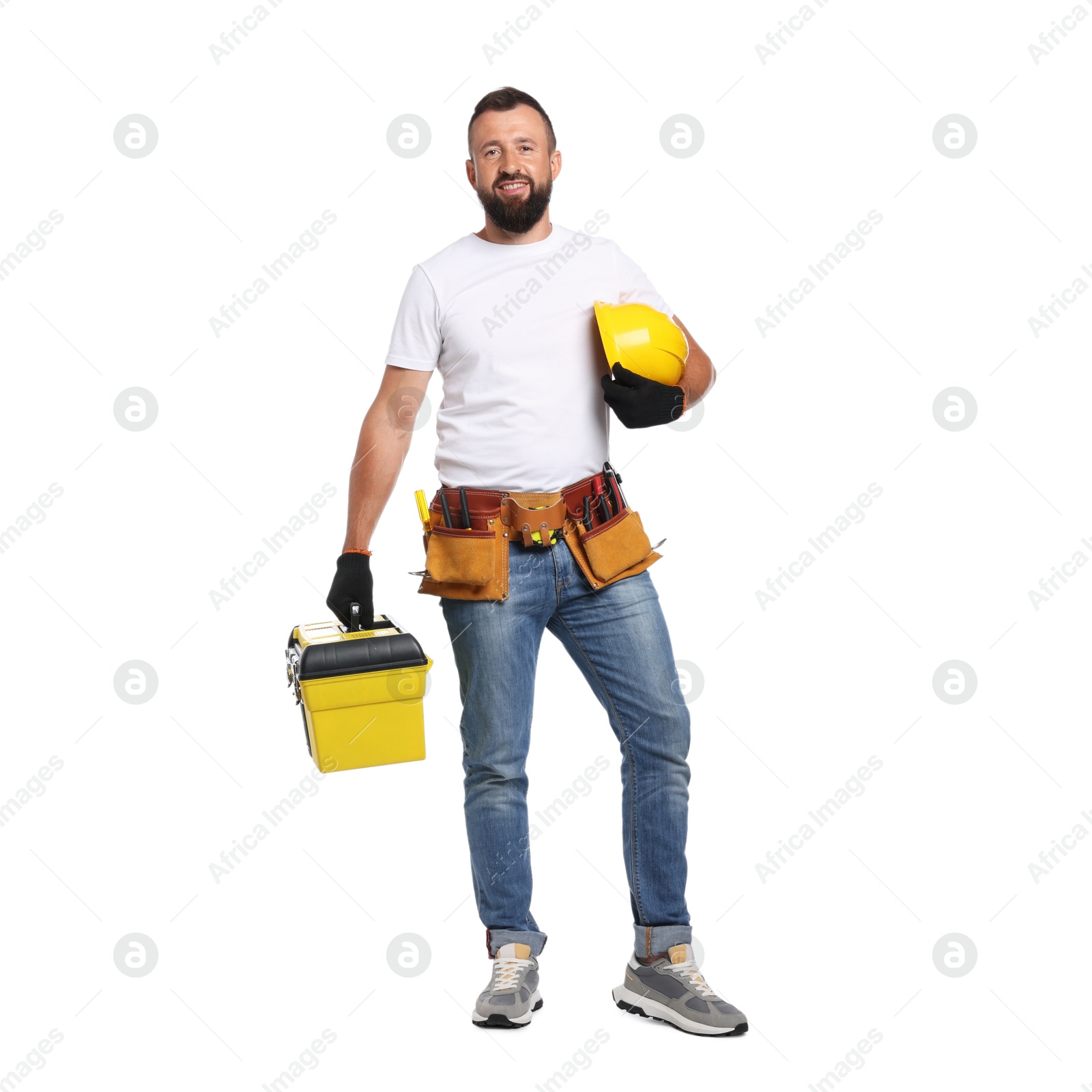 Professional repairman with tool box and hardhat on white background Photo of Professional repairman with tool box and hardhat on white background