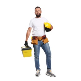 Photo of Professional repairman with tool box and hardhat on white background